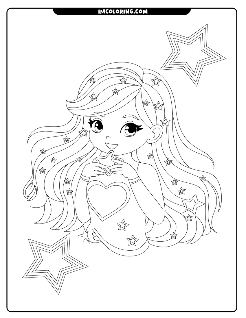 Free printable coloring sheet of A smiling mermaid with stars in her hair holds a glowing star while surrounded by larger stars