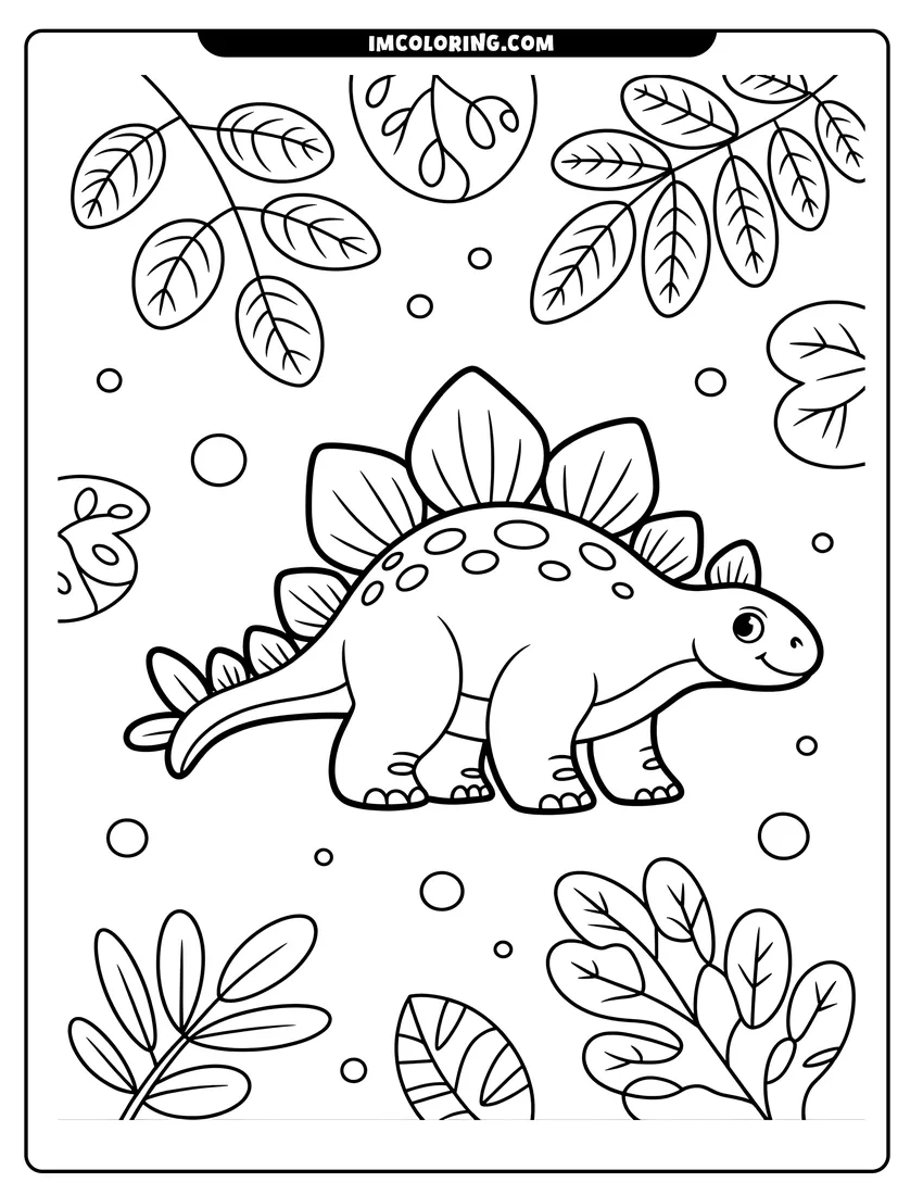 Linear illustration of A friendly cartoon Stegosaurus with large back plates walking among tropical jungle leaves and decorative bubbles