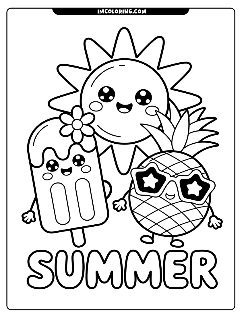 Outline drawing of A smiling sun, a popsicle with a flower, and a pineapple wearing star sunglasses with summer text