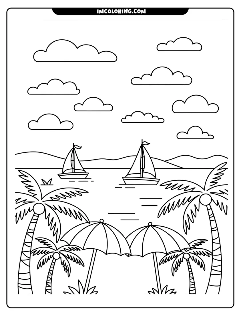 Linear illustration of Two sailboats floating on the sea with beach umbrellas and palm trees under a cloudy summer sky