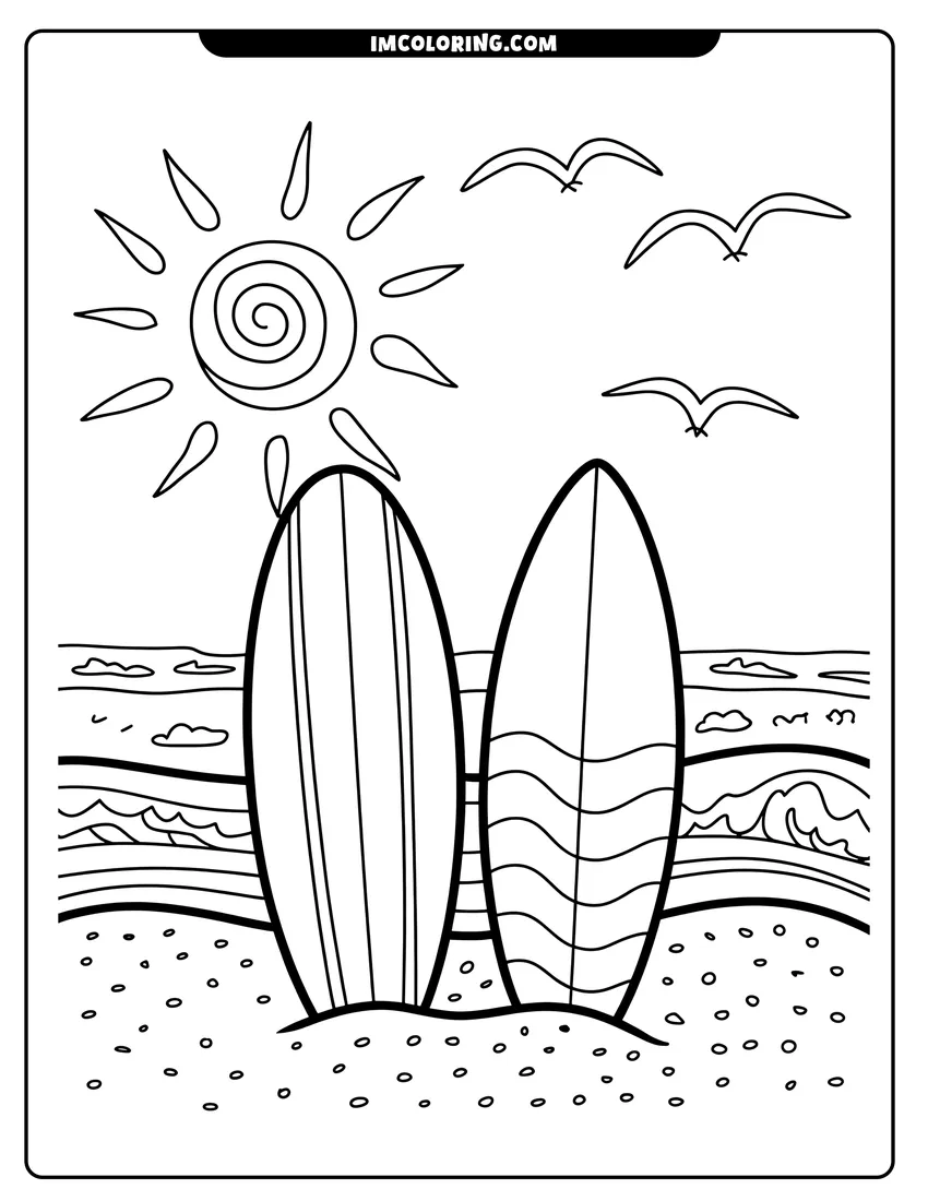Free to print drawing of Two patterned surfboards stand in the sand with waves, a bright sun, and seagulls in the background
