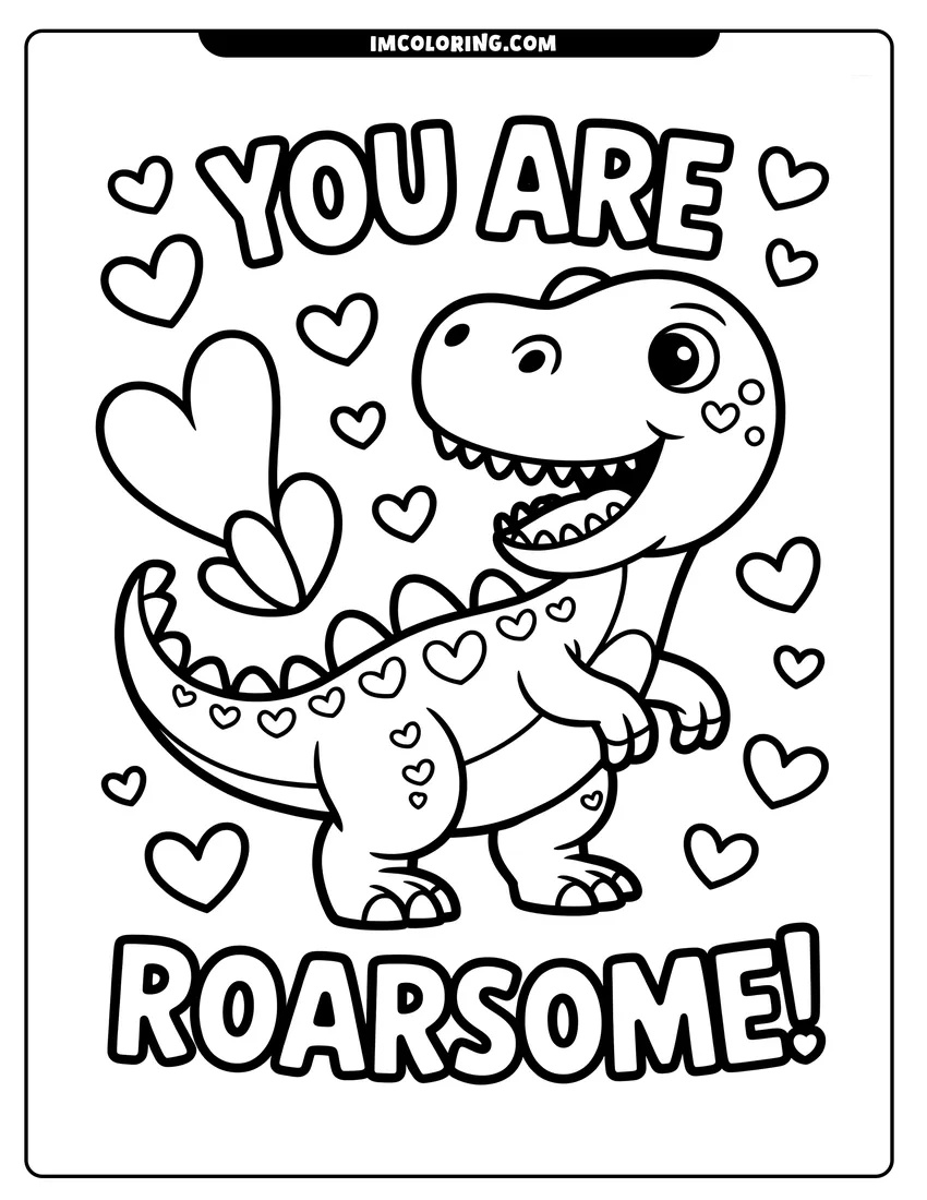 Clean line drawing: A friendly cartoon Tyrannosaurus Rex surrounded by hearts with the text You Are Roarsome in bold letters
