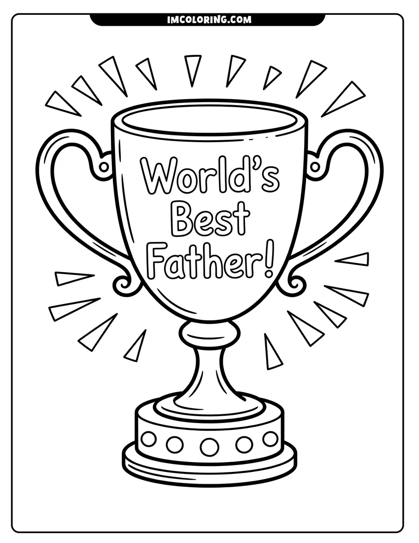 Doodle style coloring picture of A large trophy with World's Best Father text and decorative sparkles on a white background