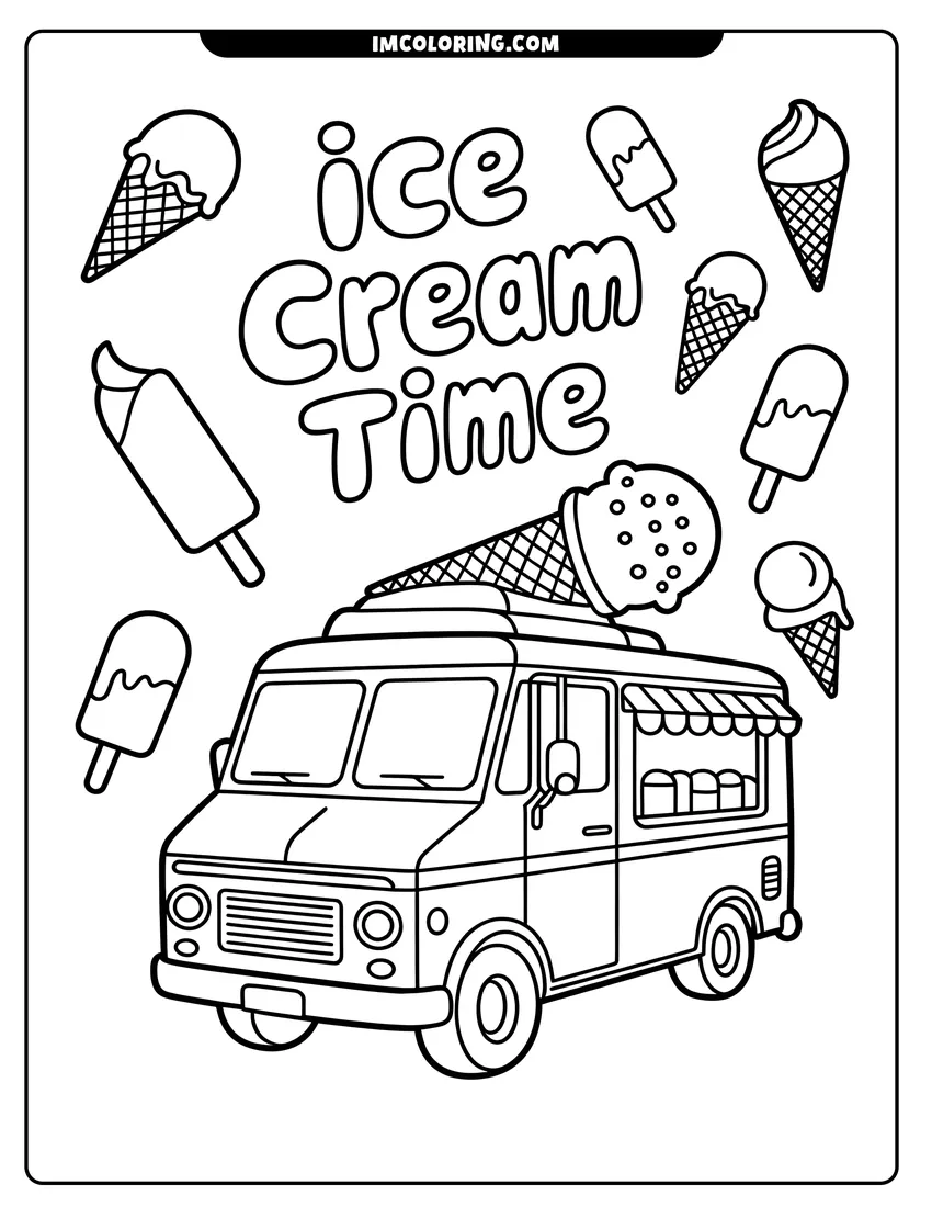 Free to print drawing of Ice cream truck with a large cone on top surrounded by various frozen treats and bubble letters