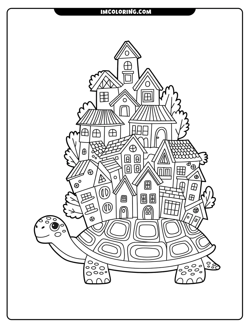 Free to print drawing of A smiling turtle walking while carrying a cluster of small detailed houses on its large patterned shell