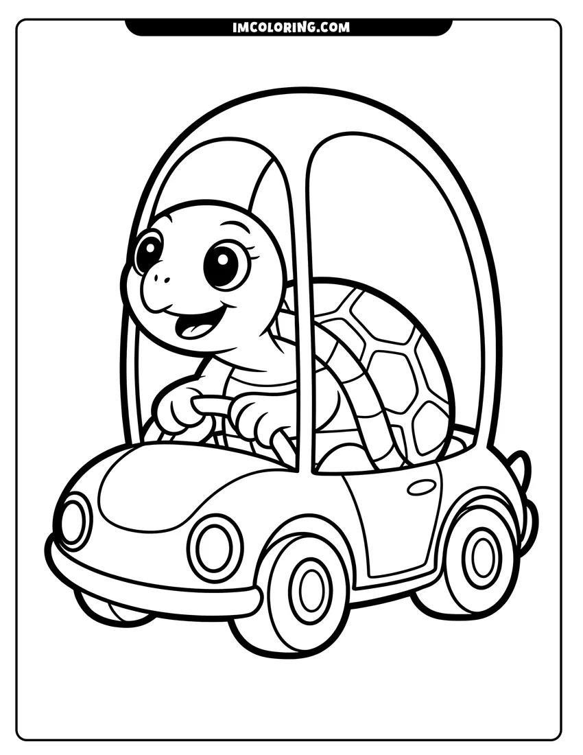 Free to print drawing of A happy cartoon turtle smiling while driving a small dome-shaped car with its hands on the wheel
