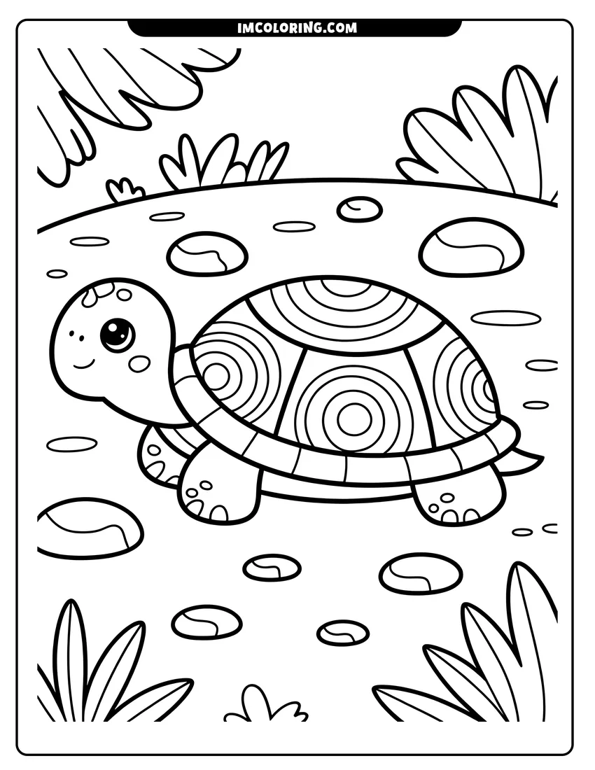 Coloring sheet featuring A cute turtle with a patterned shell walks across a path of stones near green garden plants