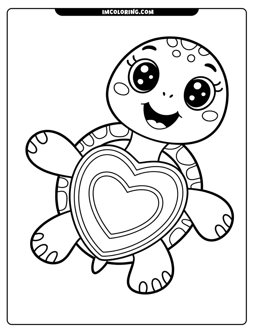 Vector style outline of A happy cartoon turtle with big sparkly eyes and a heart-shaped pattern on its shell swimming upwards