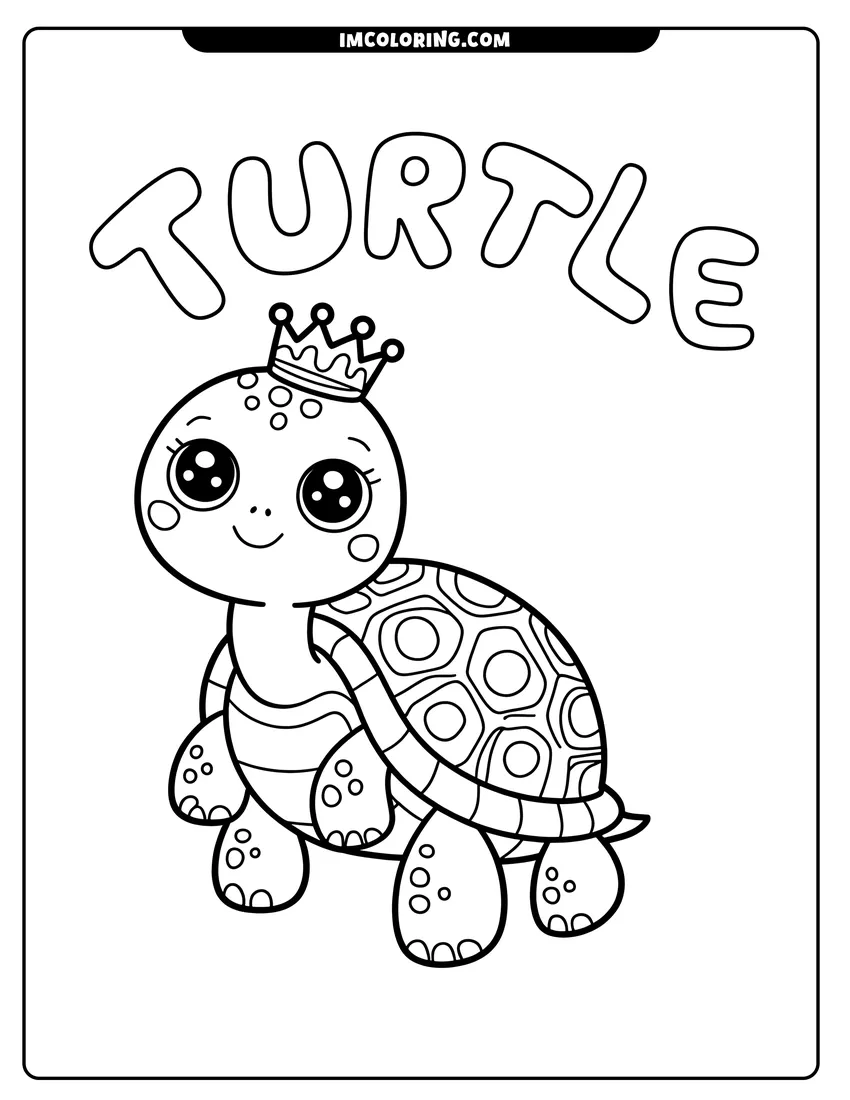 Black and white line art of A cute cartoon turtle with big eyes wearing a small crown and a patterned shell