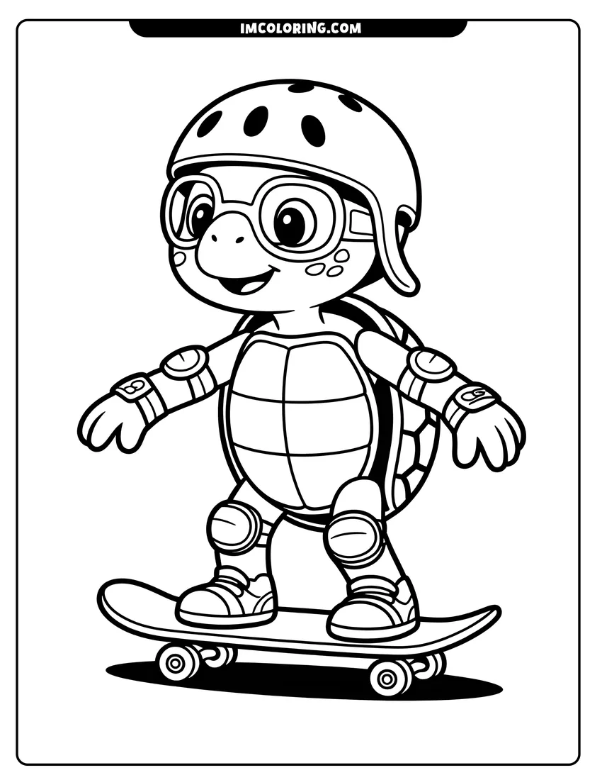 Coloring page for kids: A cute turtle wearing a helmet and pads while riding a skateboard on a white background