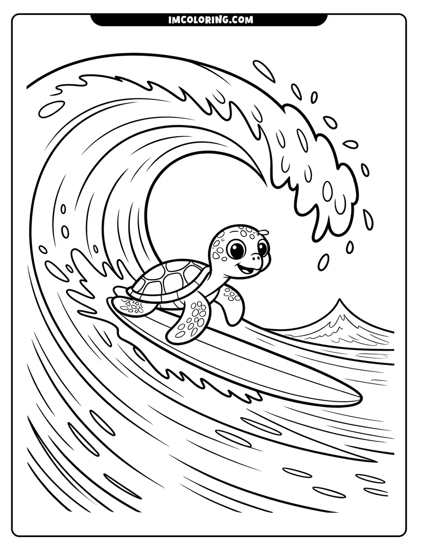 Coloring sheet featuring A happy baby sea turtle surfing on a surfboard inside a large splashing ocean wave