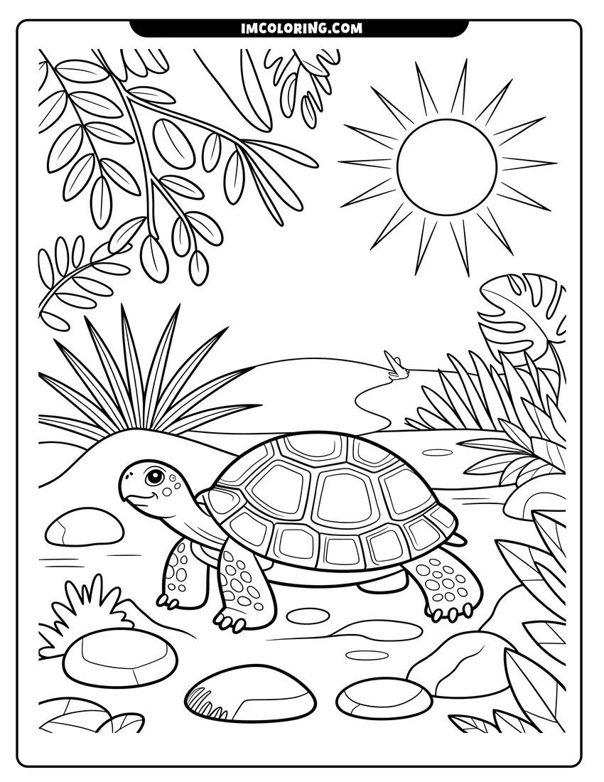 Printable coloring page of A cute turtle walking on a rocky path under a large sun surrounded by tropical plants and leaves