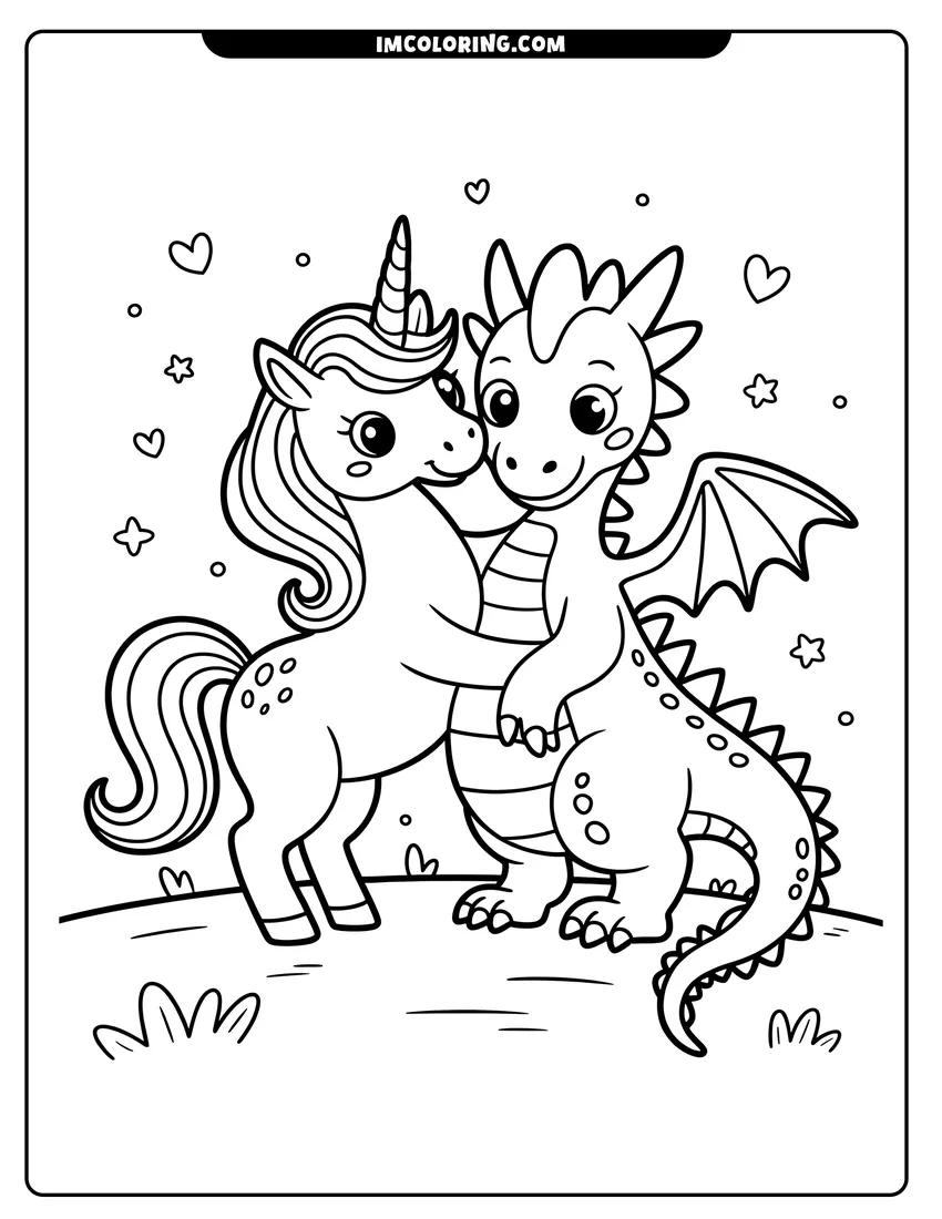 Doodle style coloring picture of A cute unicorn and a small dragon hugging surrounded by floating hearts and stars in a meadow