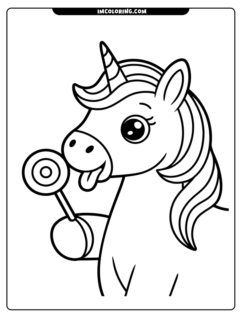 PDF style coloring page: A cute cartoon unicorn sticking its tongue out to lick a round lollipop with simple black outlines