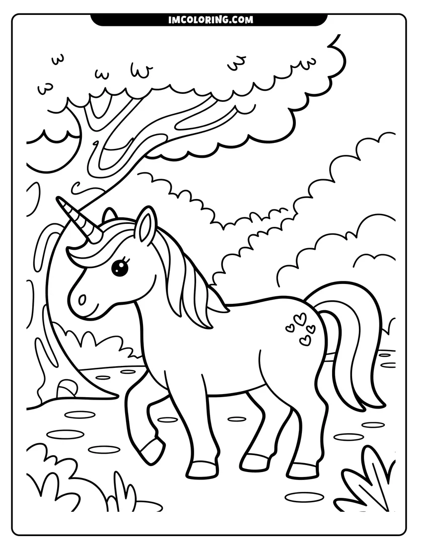 PDF style coloring page: A cute unicorn with heart marks on its side walking through a forest with trees and bushes