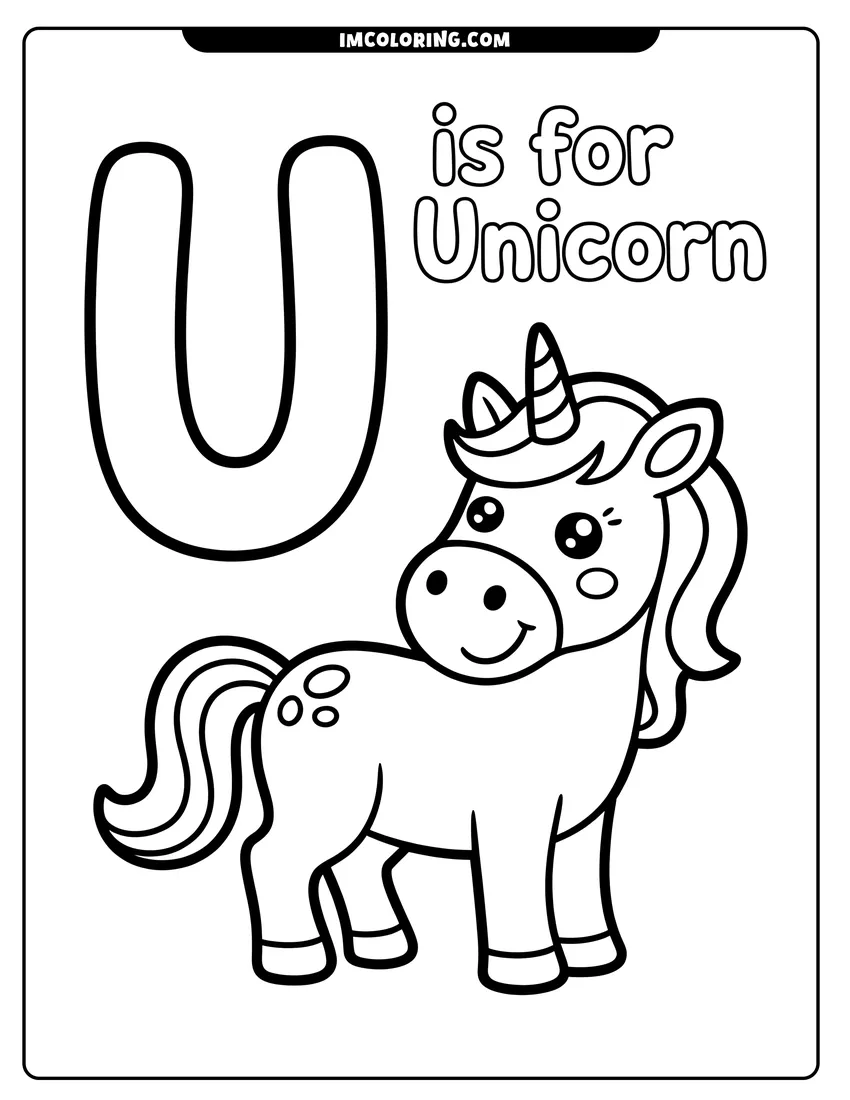 Printable line art of A cute cartoon unicorn standing next to a large letter U and the text U is for Unicorn