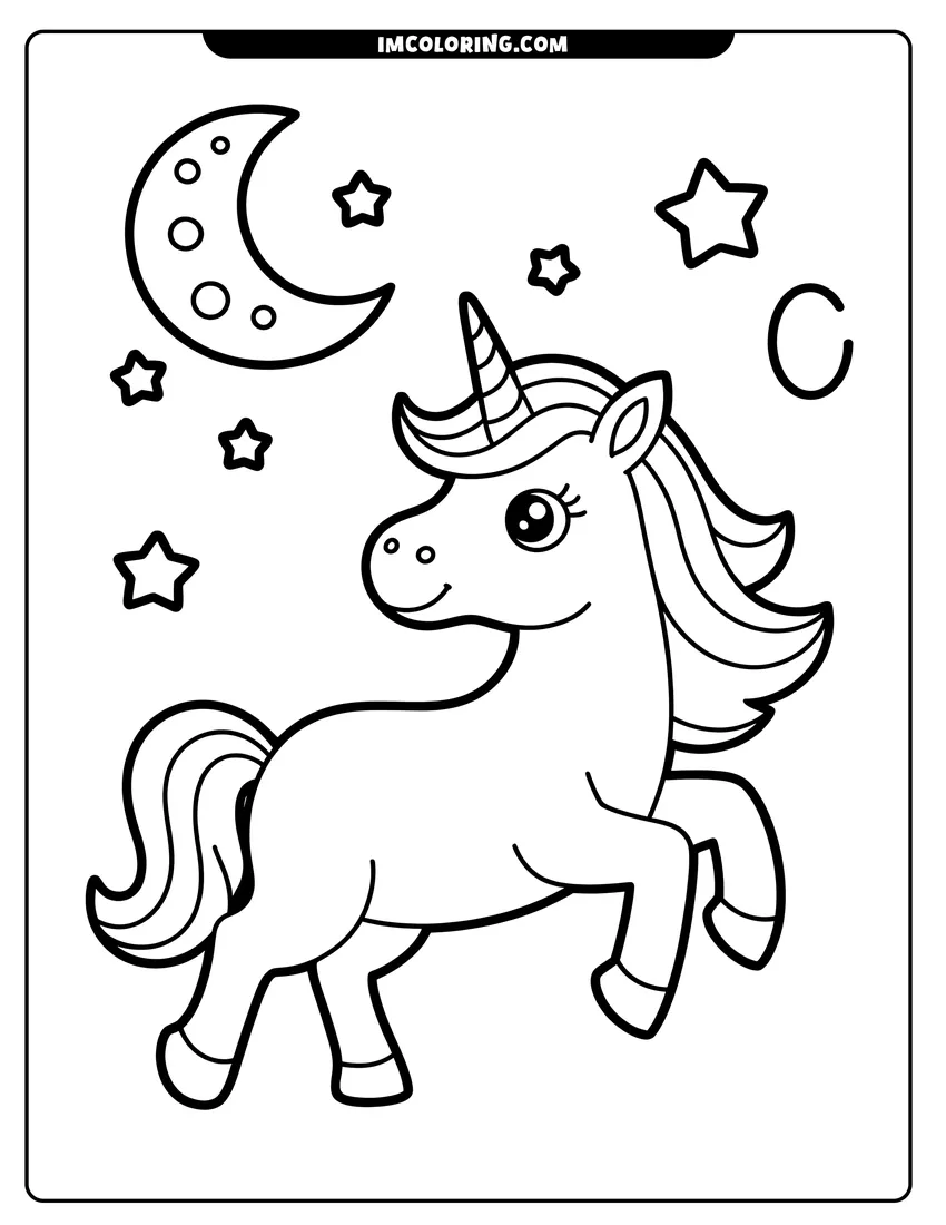 Linear illustration of A cute cartoon unicorn prancing in the night sky surrounded by several stars and a crescent moon