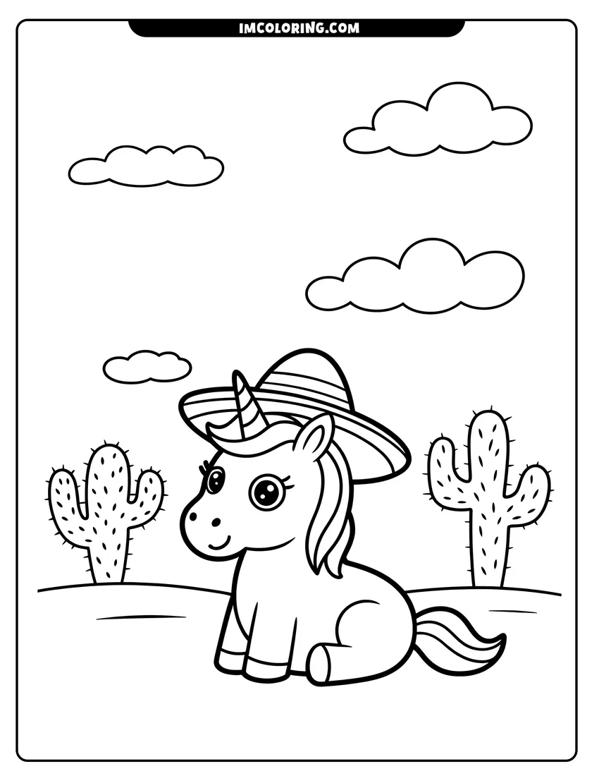 Simple sketch of A cute baby unicorn wearing a striped sombrero sitting in a desert with cacti and clouds to color
