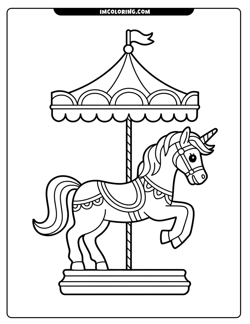 Black and white line art of A smiling carousel unicorn with a striped horn and flowing mane standing under a decorative carnival canopy