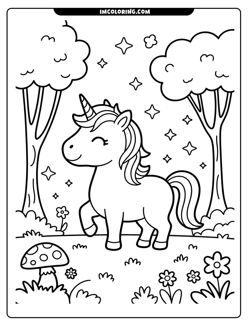Coloring page of A cute cartoon unicorn standing in a forest surrounded by stars, trees, flowers, and a spotted mushroom