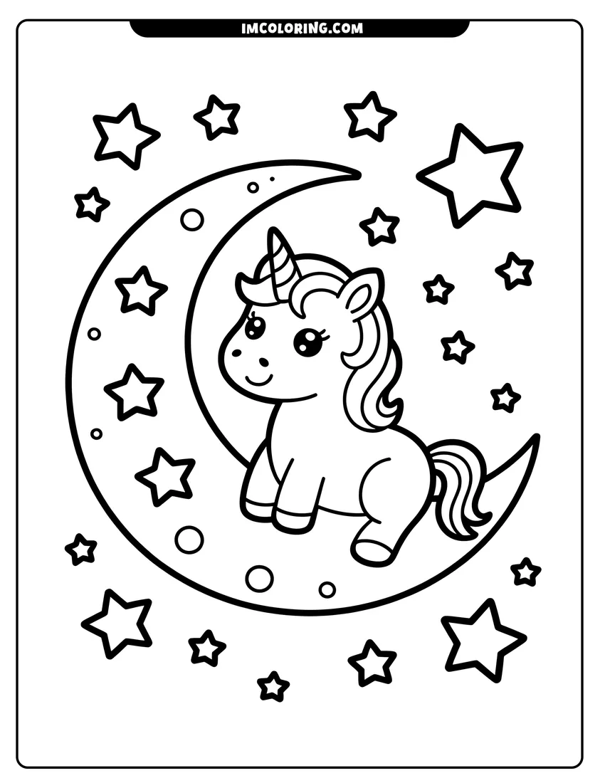 Coloring page for kids: A baby unicorn with a spiral horn sitting on a crescent moon surrounded by many sparkling stars