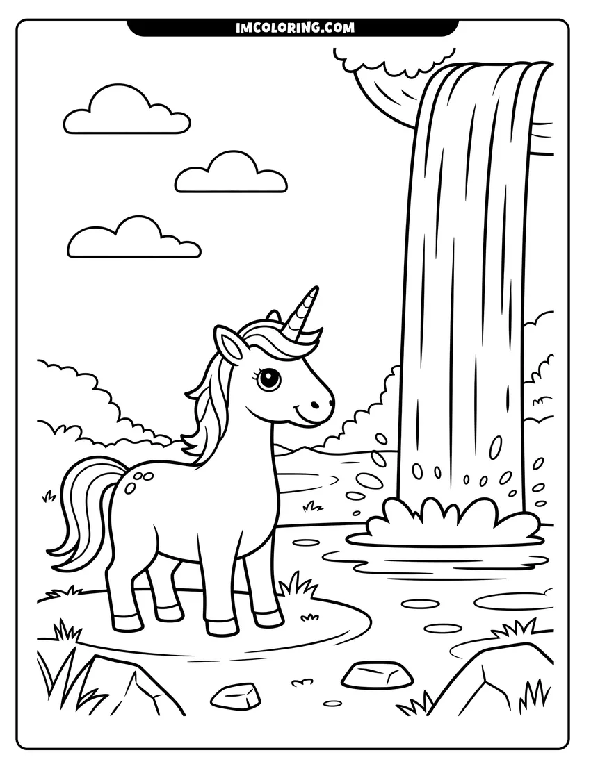 High quality printable A cute unicorn with a striped horn standing in front of a tall waterfall and clouds for coloring