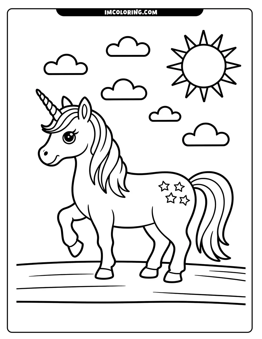 Simple sketch of A cute unicorn with star patterns standing outdoors under a large sun and several floating clouds to color