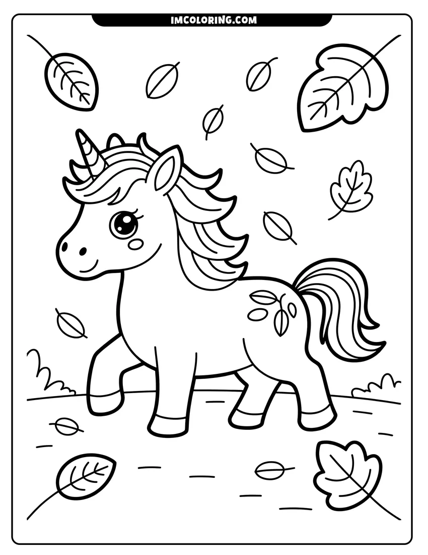 Free printable coloring sheet of A cute cartoon unicorn with a striped horn walks among falling leaves on a windy autumn day