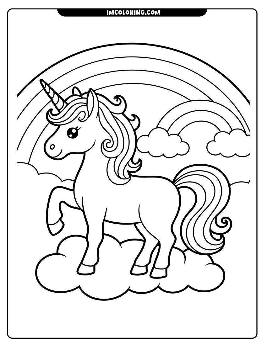 Linear illustration of A cute unicorn standing on a fluffy cloud with a rainbow and smaller clouds in the background
