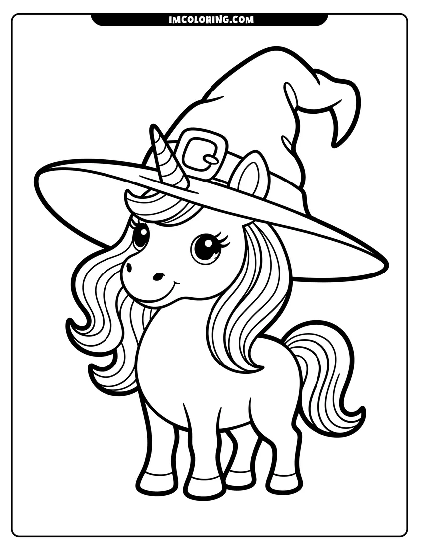 Black and white line art of A cute baby unicorn wearing a large witch hat with a buckle and featuring big sparkly eyes