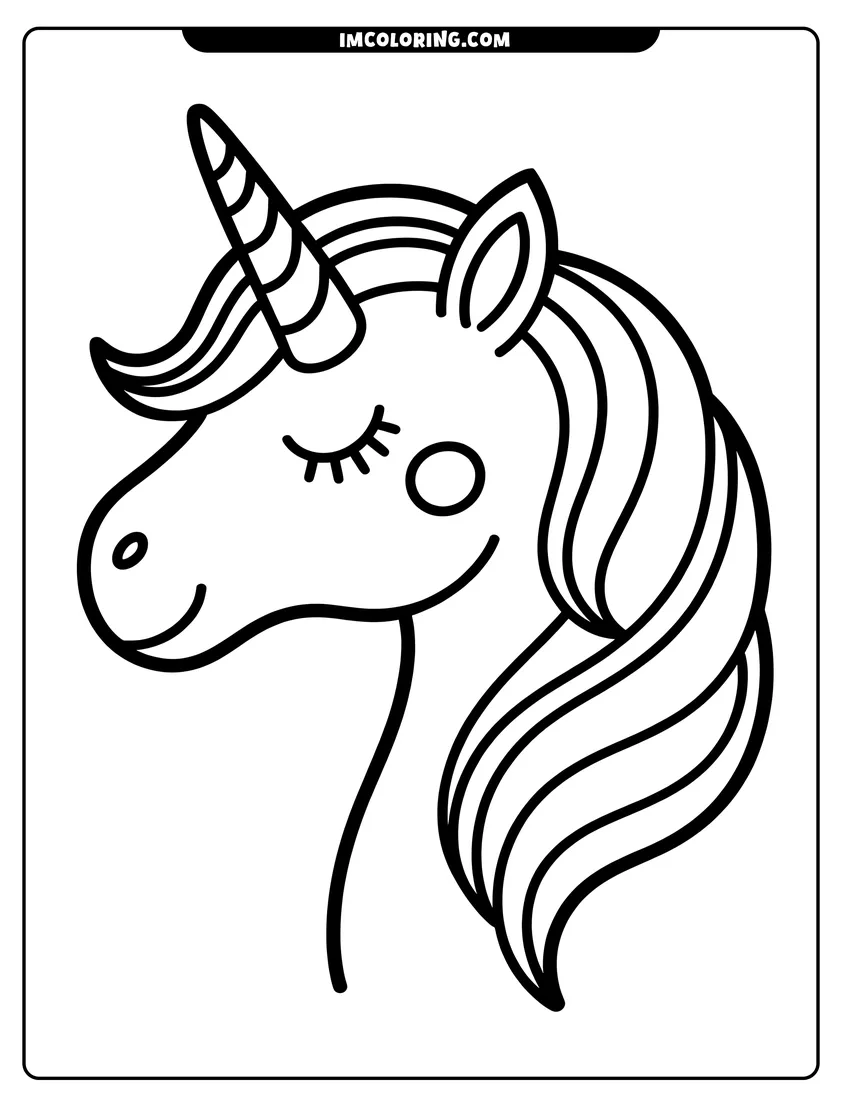 Simple sketch of A cute unicorn head with a striped horn, closed eyelashes, and thick black outlines for kids to color to color