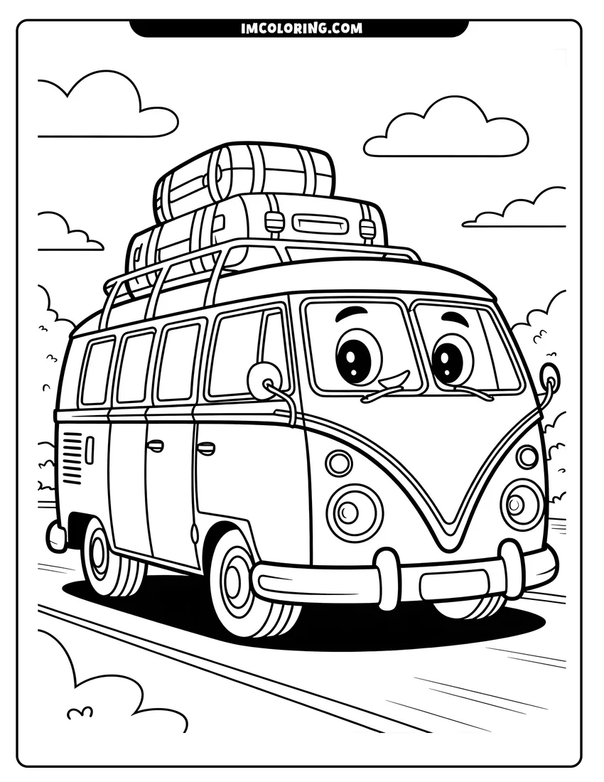 Linear illustration of A smiling cartoon camper van with large eyes and luggage on its roof driving down a road