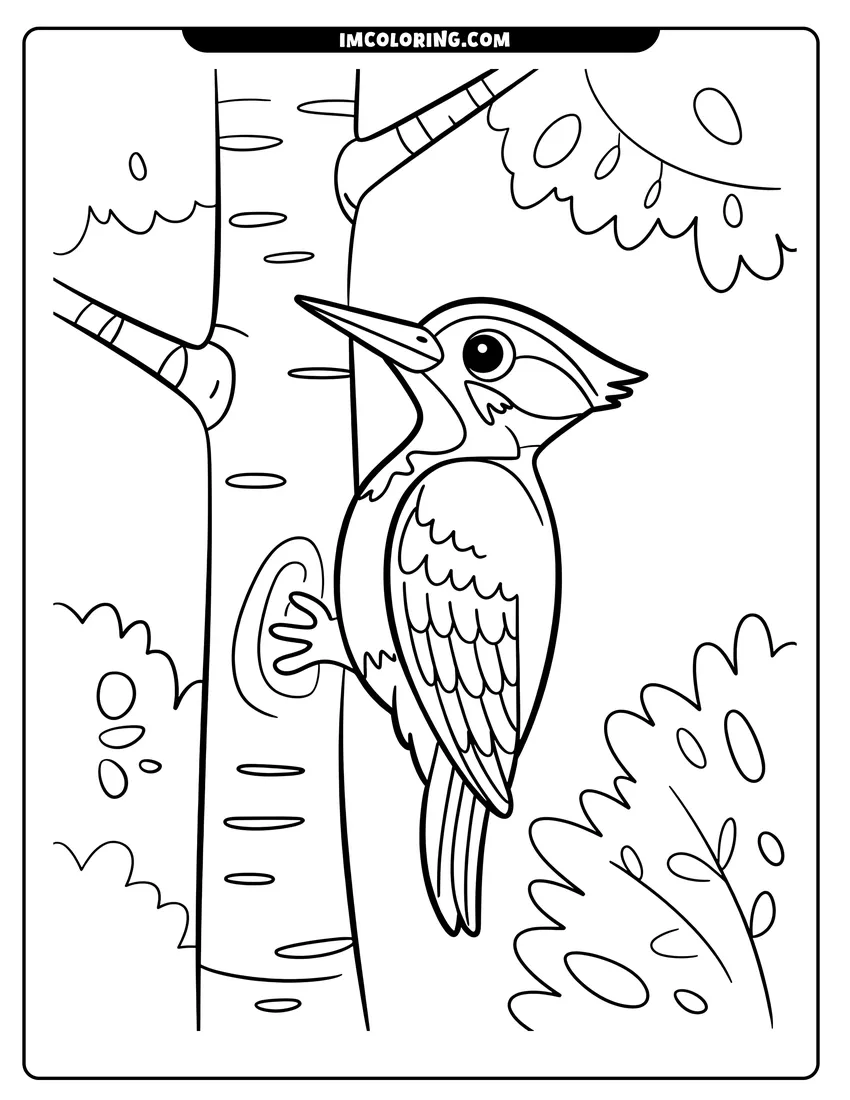 Free printable coloring sheet of A friendly woodpecker with big eyes clings to a tree trunk in a leafy forest setting