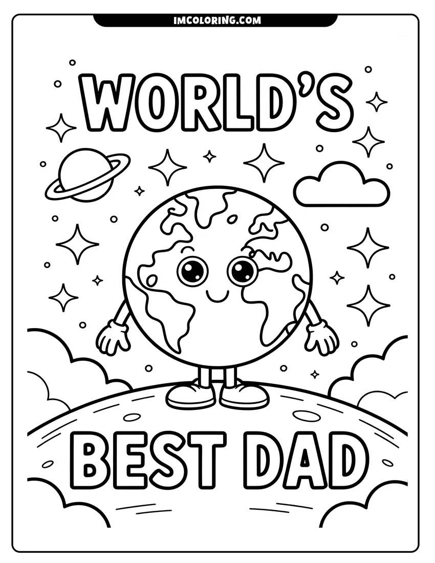 Free to print drawing of A cute cartoon Earth character with a smiling face stands among stars with the text World's Best Dad