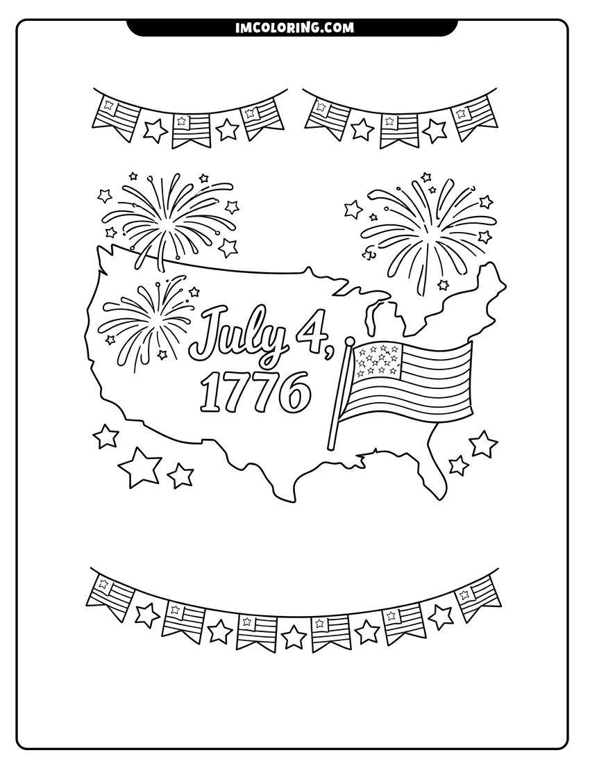 Simple sketch of USA map with July 4 1776 text for children