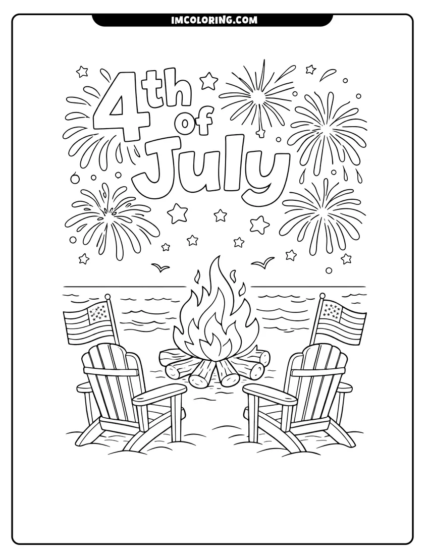Illustration of Beach bonfire with flags and ocean fireworks ready for painting