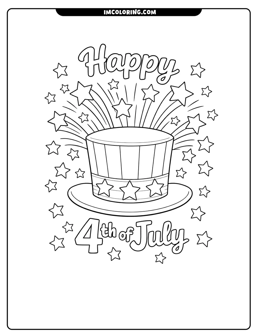 Coloring sheet of Patriotic top hat with stars bursting out for kids