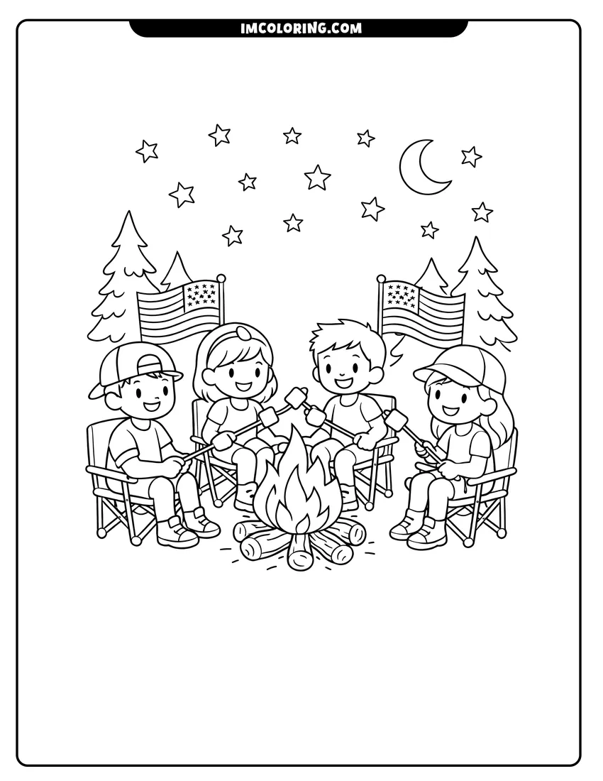 Kids activity sheet showing Friends roasting marshmallows by a campfire with flags
