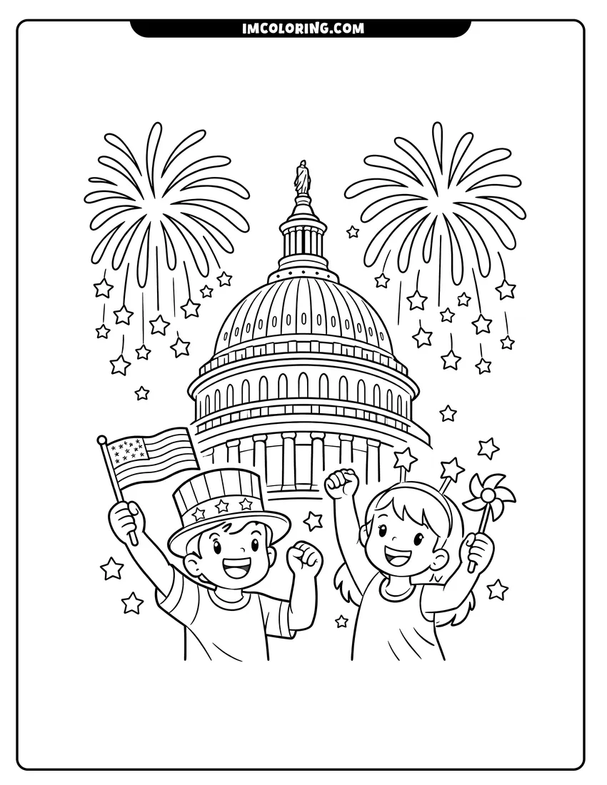 Printable coloring page featuring United States Capitol dome with fireworks