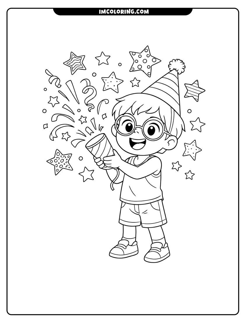 Detailed Boy with party hat and confetti popper design for coloring