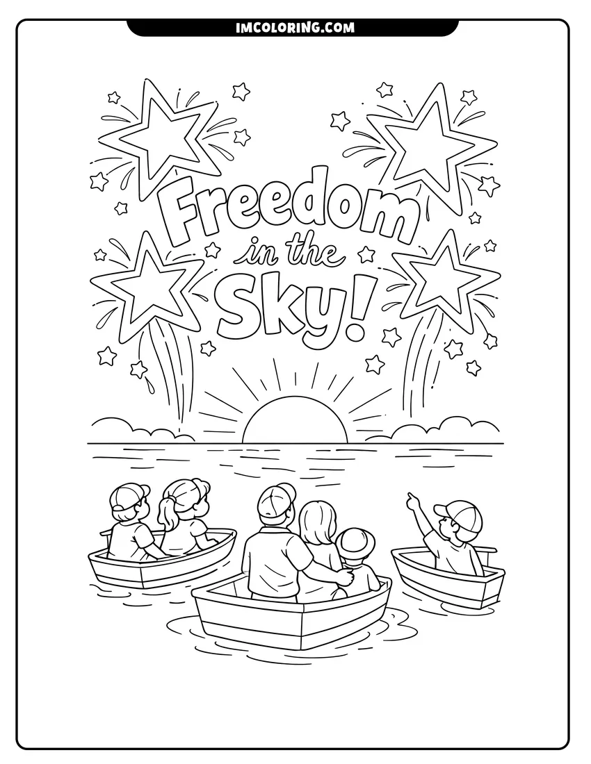 Cute People on boats watching fireworks over the water outline for coloring