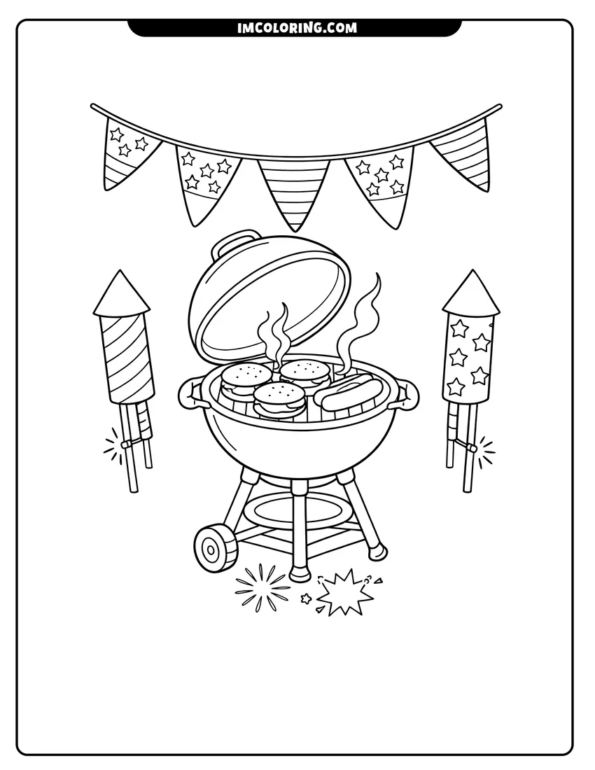Barbecue grill with burgers and flags drawing meant for coloring