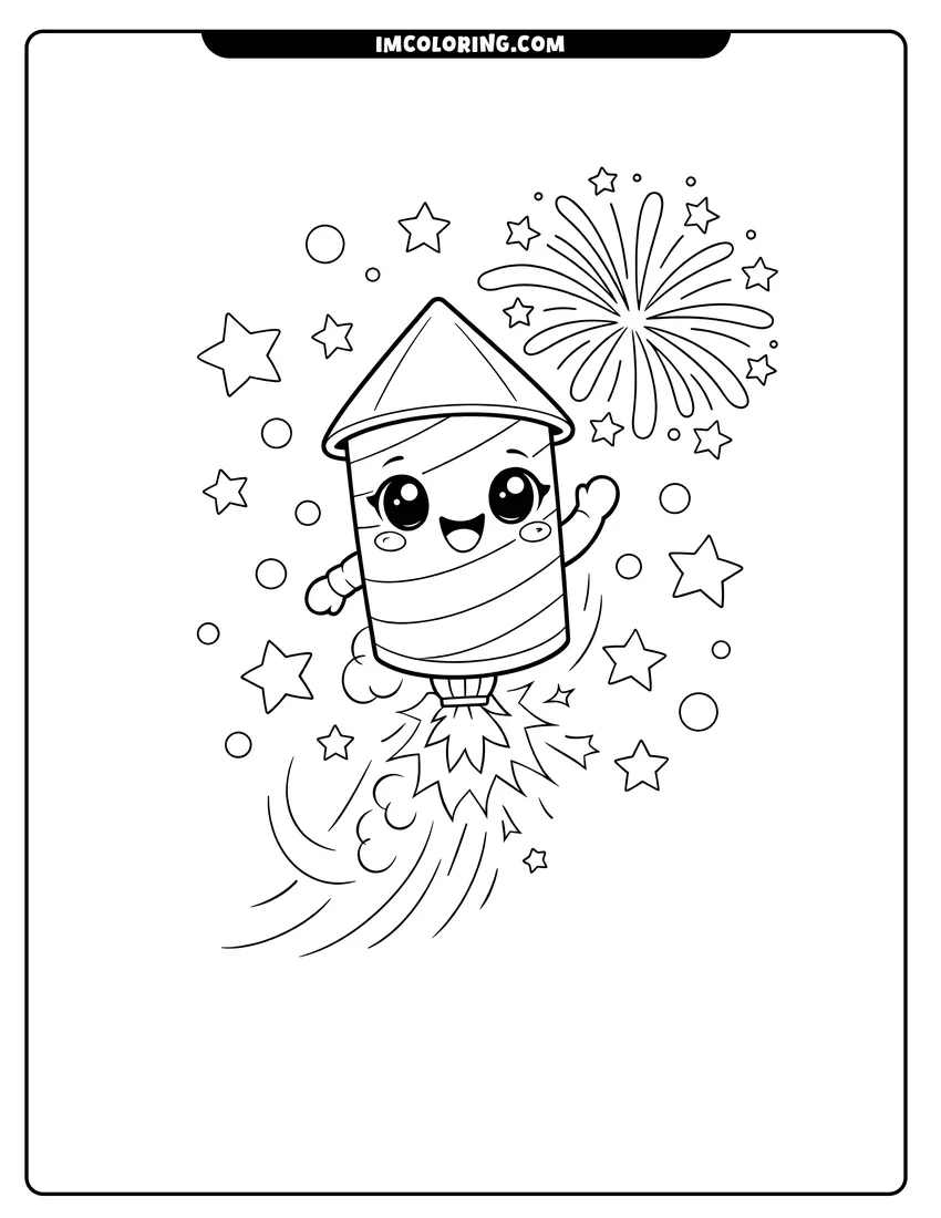 Detailed Cartoon firecracker jumping into a starry sky design for coloring