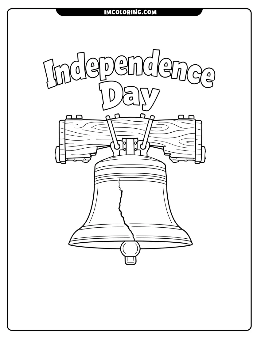 Cute Liberty Bell with Independence Day text outline for coloring