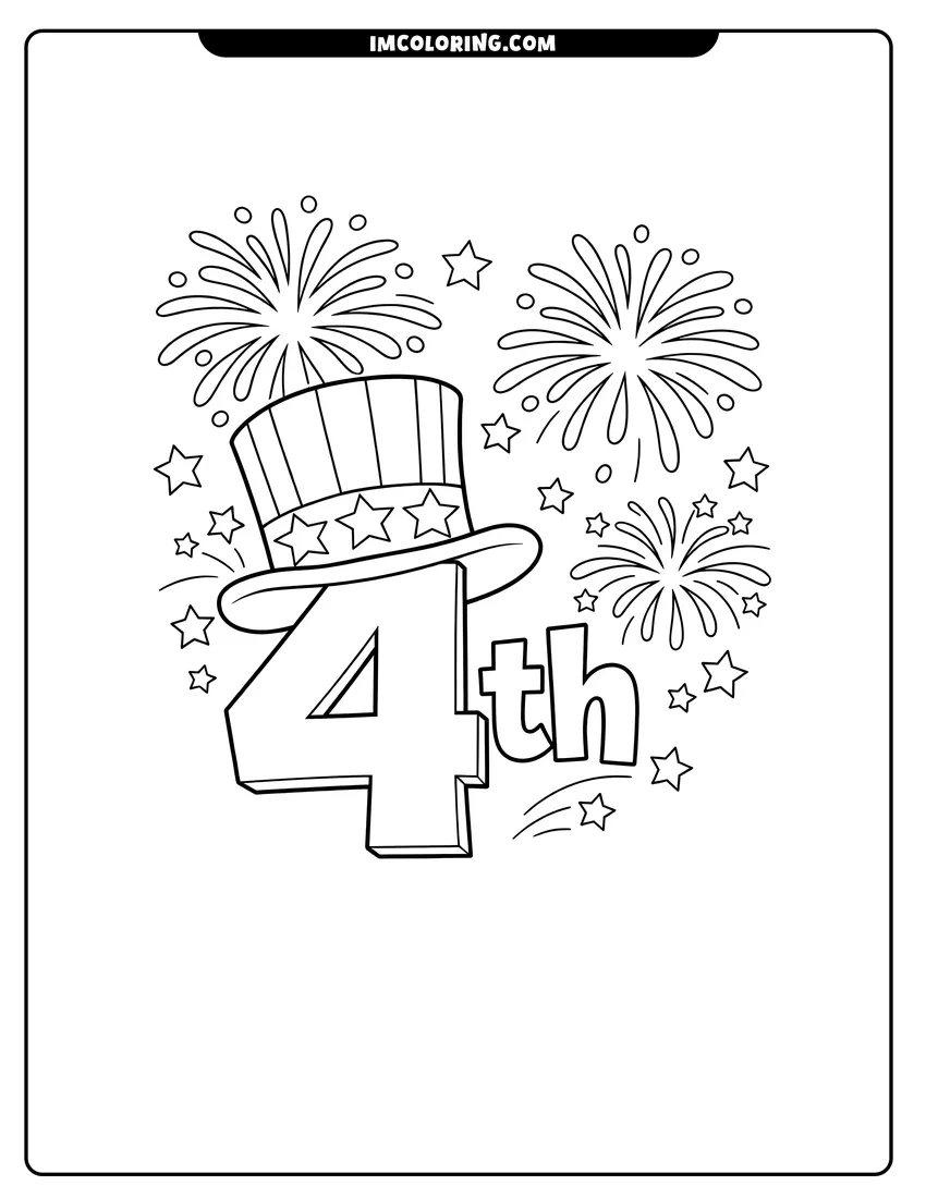 Line art depicting Number 4 wearing a top hat with fireworks