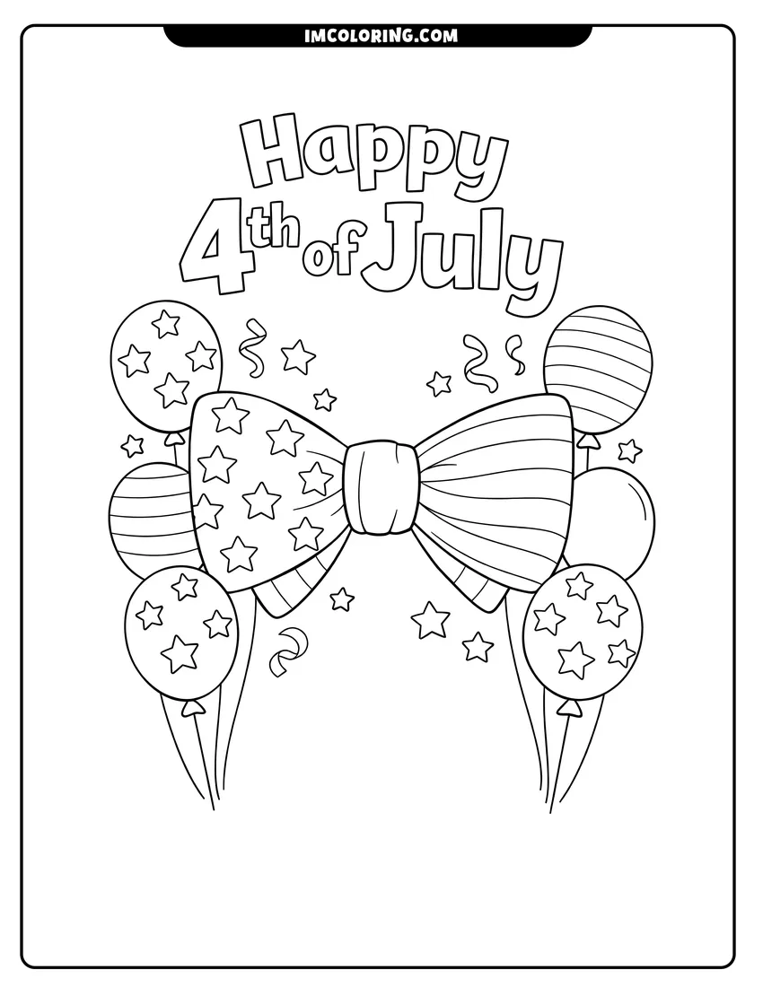 Coloring sheet of Patriotic bow tie with stars and balloons for kids
