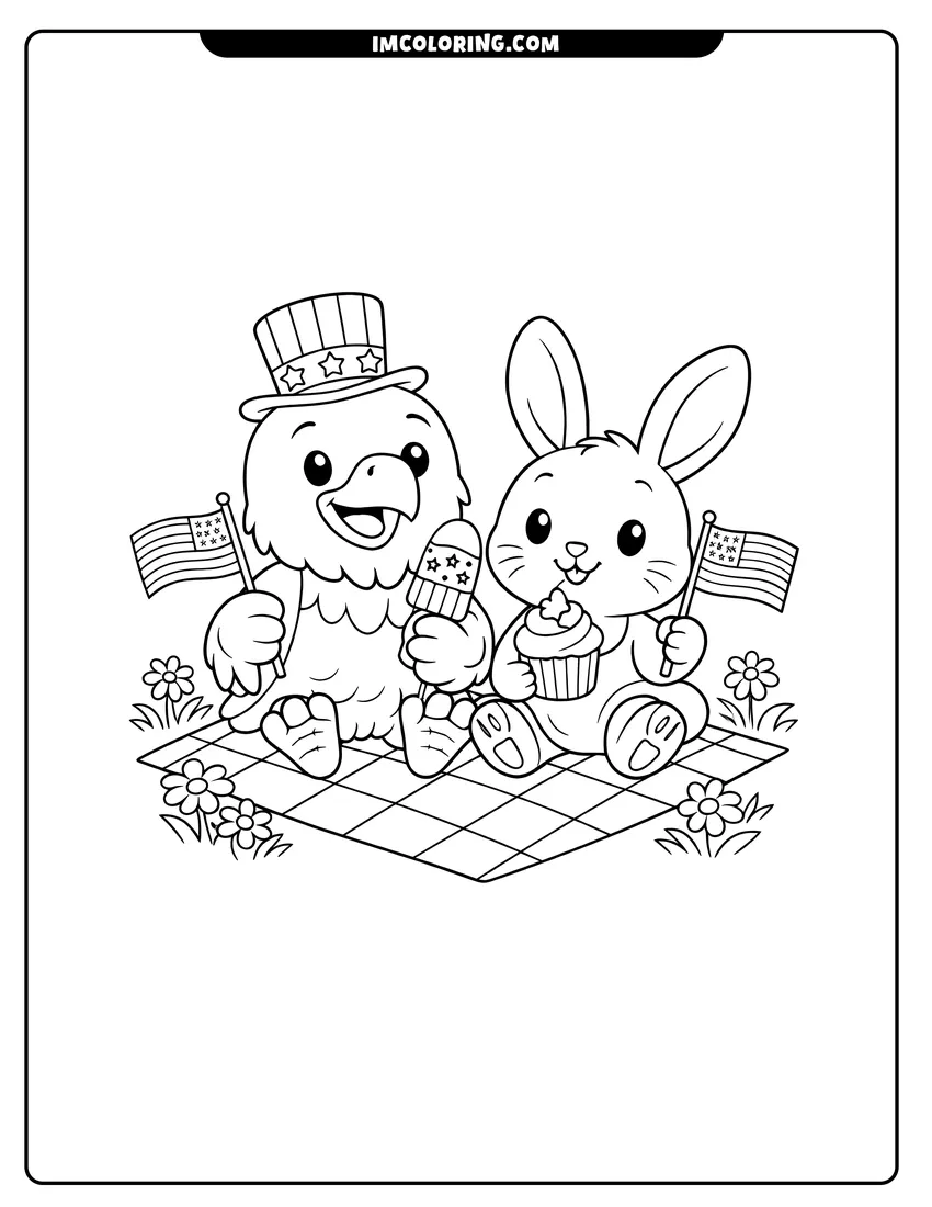 Eagle and rabbit on a picnic blanket coloring page for preschoolers