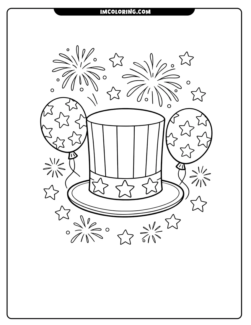 Scene showing Striped top hat with balloons and fireworks to color
