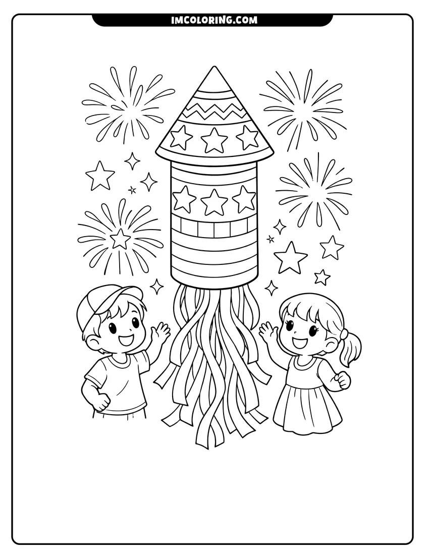 Kids activity sheet showing Firework rocket with stars and long streamers