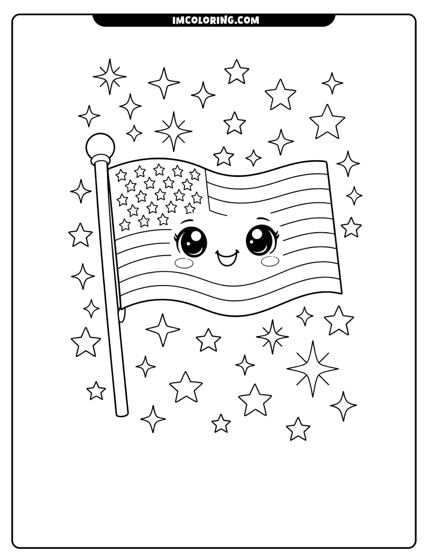 Detailed Smiling American flag with kawaii eyes and stars design for coloring